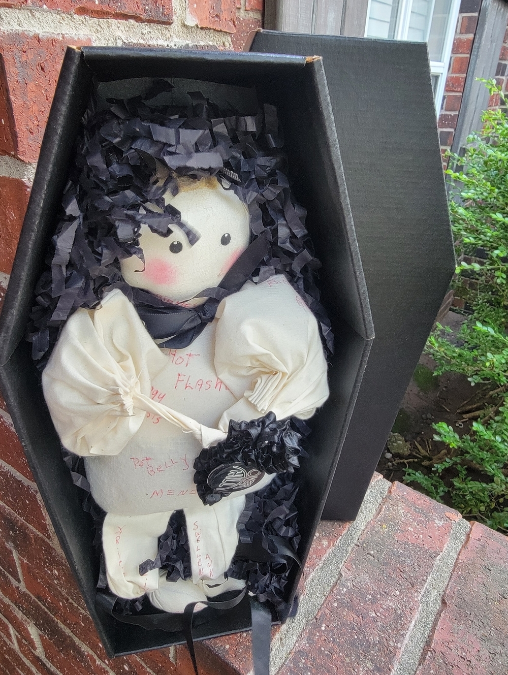 OOAK menopause Over The Hill Doll In Coffin Creepy Joke Party Decor Voodoo Doll